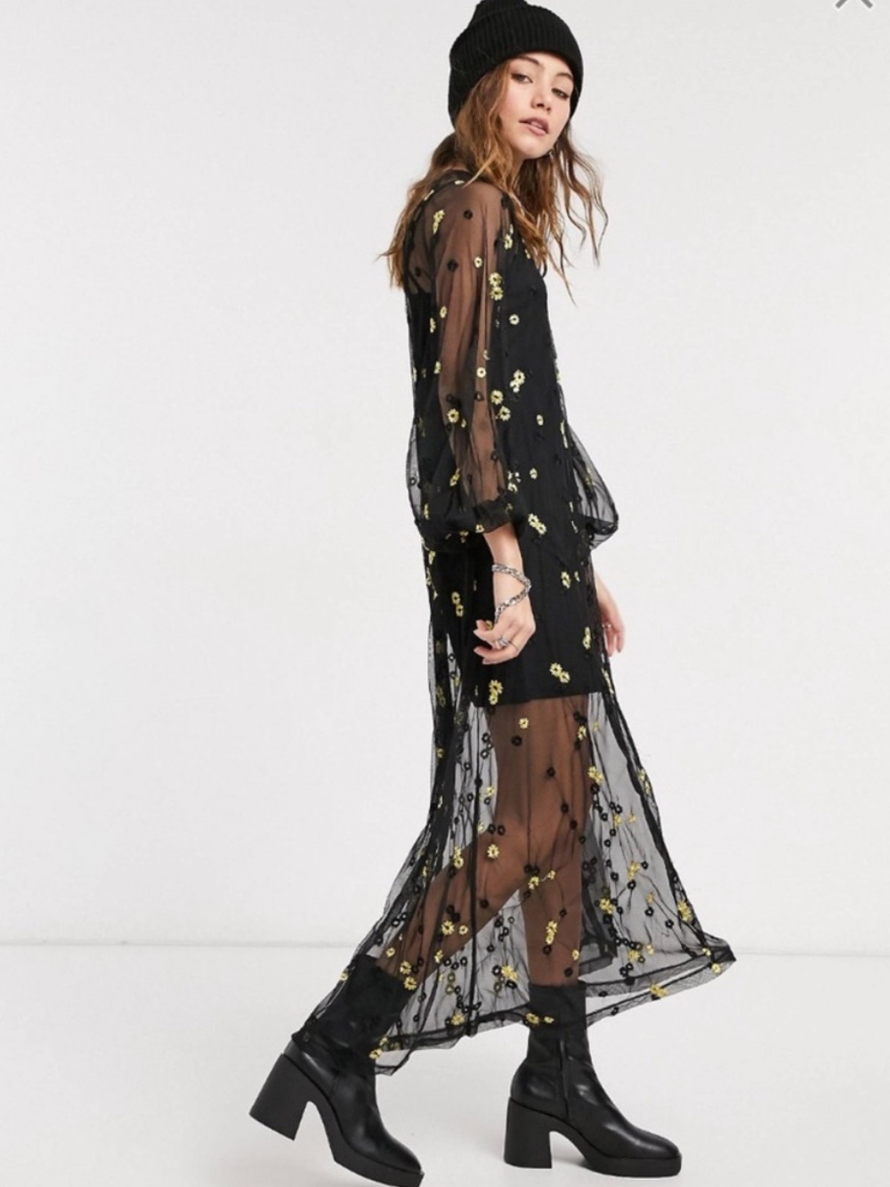 ASOS Long Sleeve Embroidered Sheer Overlay Maxi Dress or Coverup Size 8